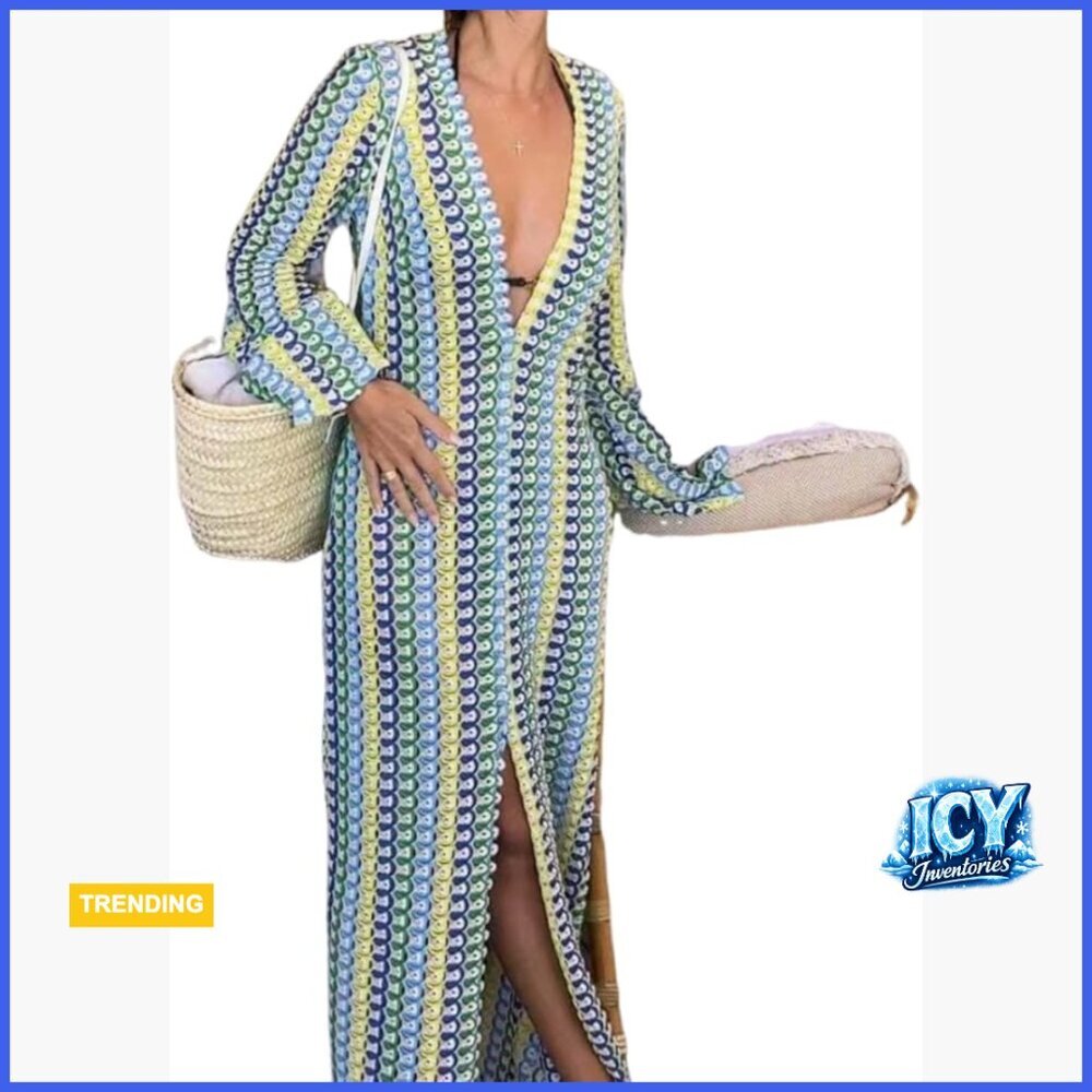 Crochet Polyester Blend Maxi Dress with Bell Sleeves and V Neck